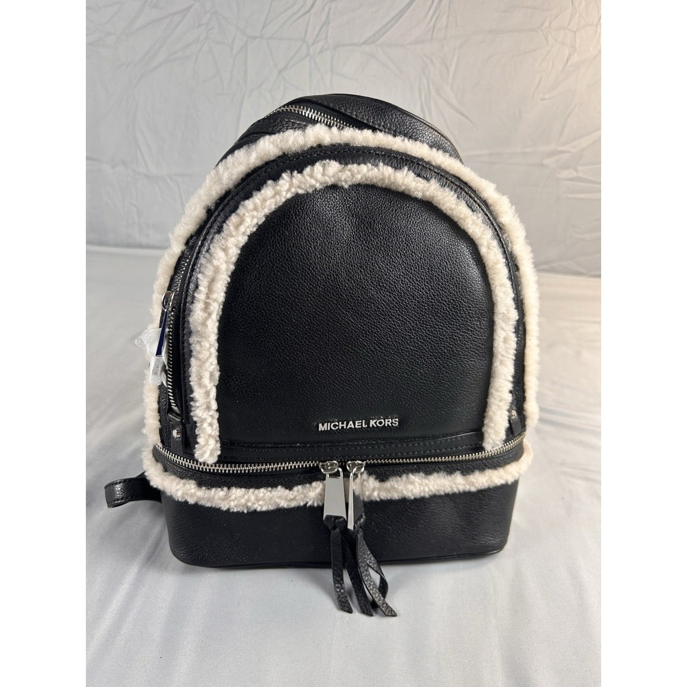 Michael Kors Rhea Medium Suede and Faux Shearling Backpack‎ Black NWT